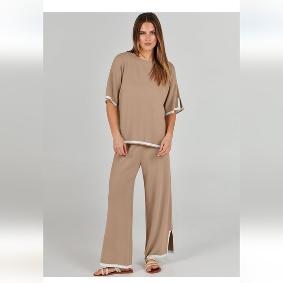 caracilia Pants - Women's Two Piece Summer Sweater Matching Loungewear Set Size Small NWT Beige